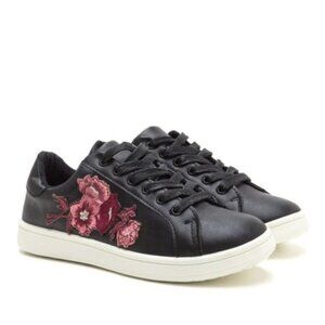 Black Sneakers Tennis Shoes Pink Floral Embroidery